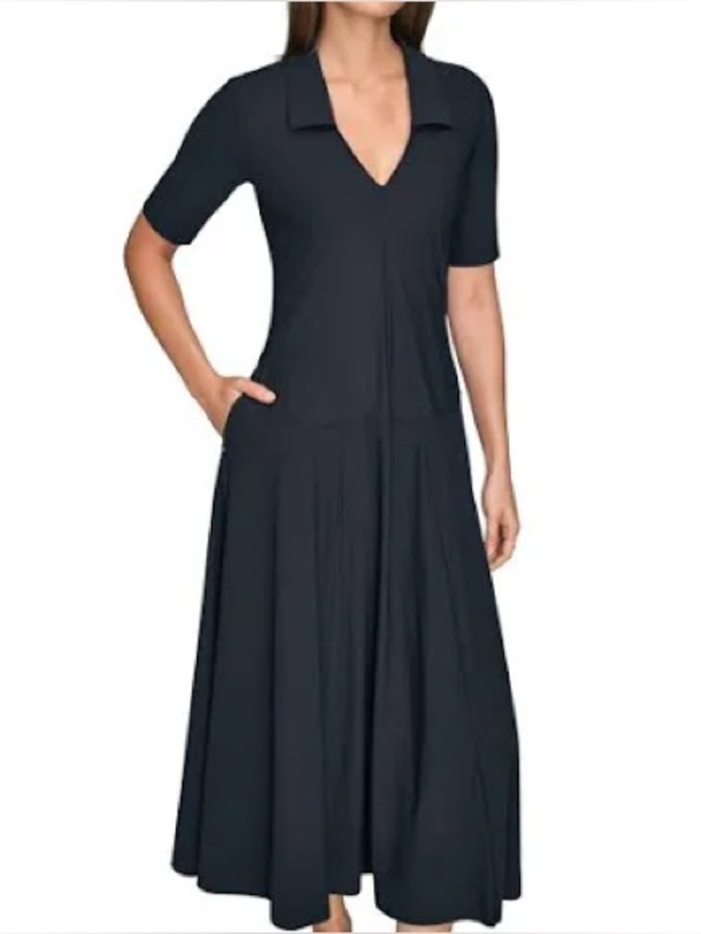 Donna Karan Weekend NWOT Stretch Knit Elbow-Sleeve Polo Navy Blue Dress Sz 4 - Picture 2 of 7